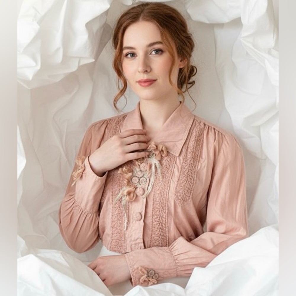 Antique Cotton Blouse w/ Crochet, Embroidery, and Ribbons Cropped Length OOAK